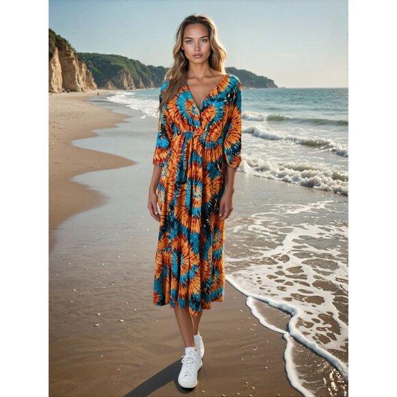 Empire Dress Boho Tie-Dye Maxi Dress Flowy Dopamine Funky Estee Brown Paris‎ S - Picture 1 of 7